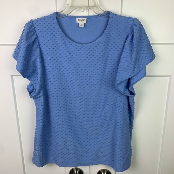 J Crew Factory LARGE Blouse Blue Swiss dot Flutter Sleeve Romantic Work Office - Picture 2 of 6